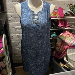 Michael Kors Blue Sleeveless Dress with Gold Accents